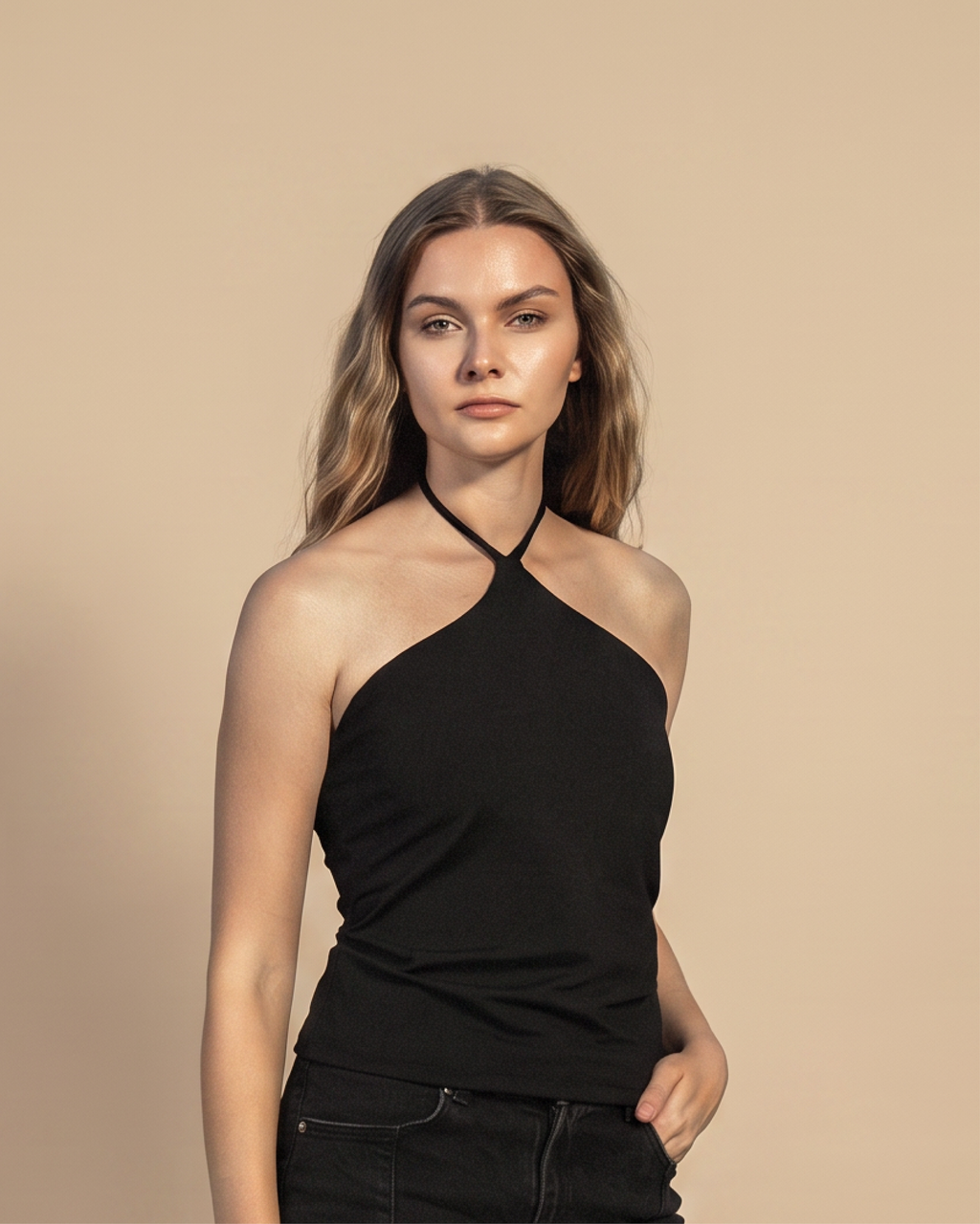 A woman modeling a black halter-neck ribbed tank top with dark jeans, standing against a solid beige studio background.