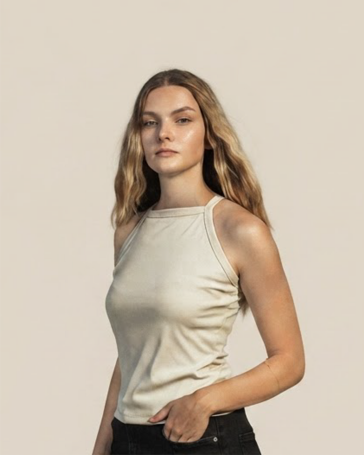 A woman modeling a sleeveless, high-neck beige tank top against a solid, warm off-white background.