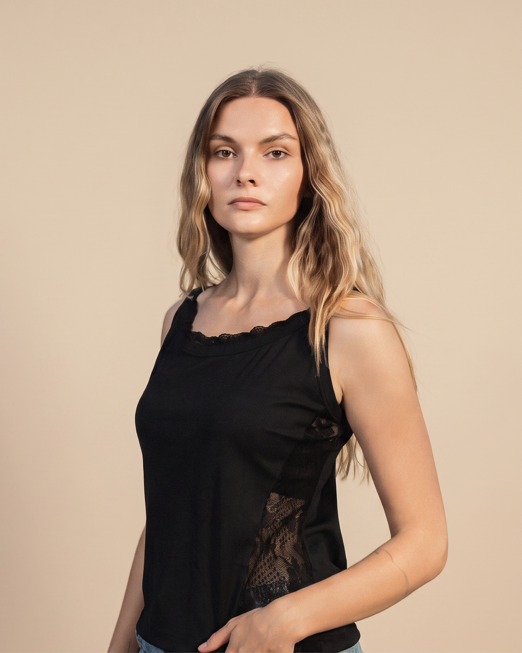 SOLA Lace Trim Rib Tank - Cotton Rib Lycra