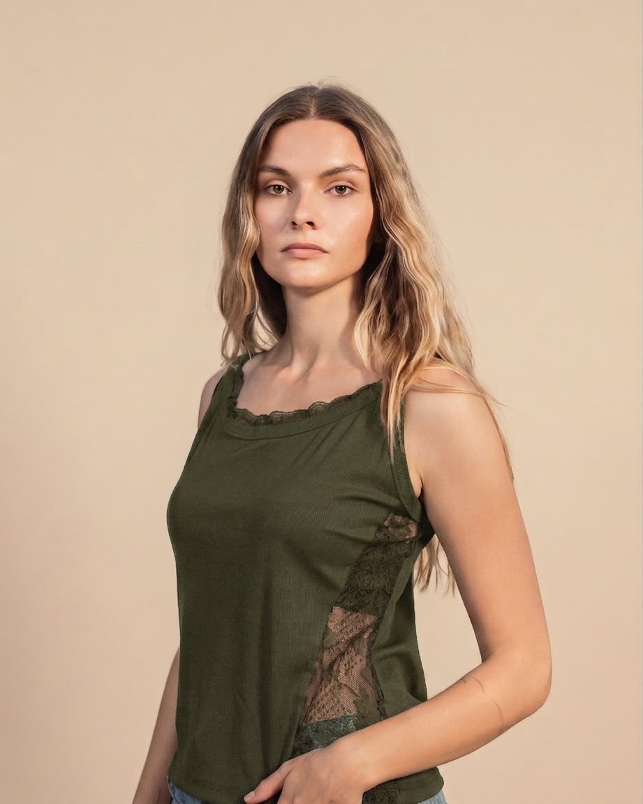 SOLA Lace Trim Rib Tank - Cotton Rib Lycra