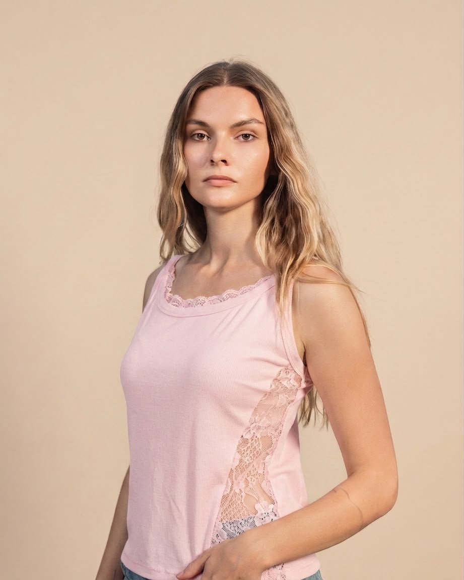 SOLA Lace Trim Rib Tank - Cotton Rib Lycra
